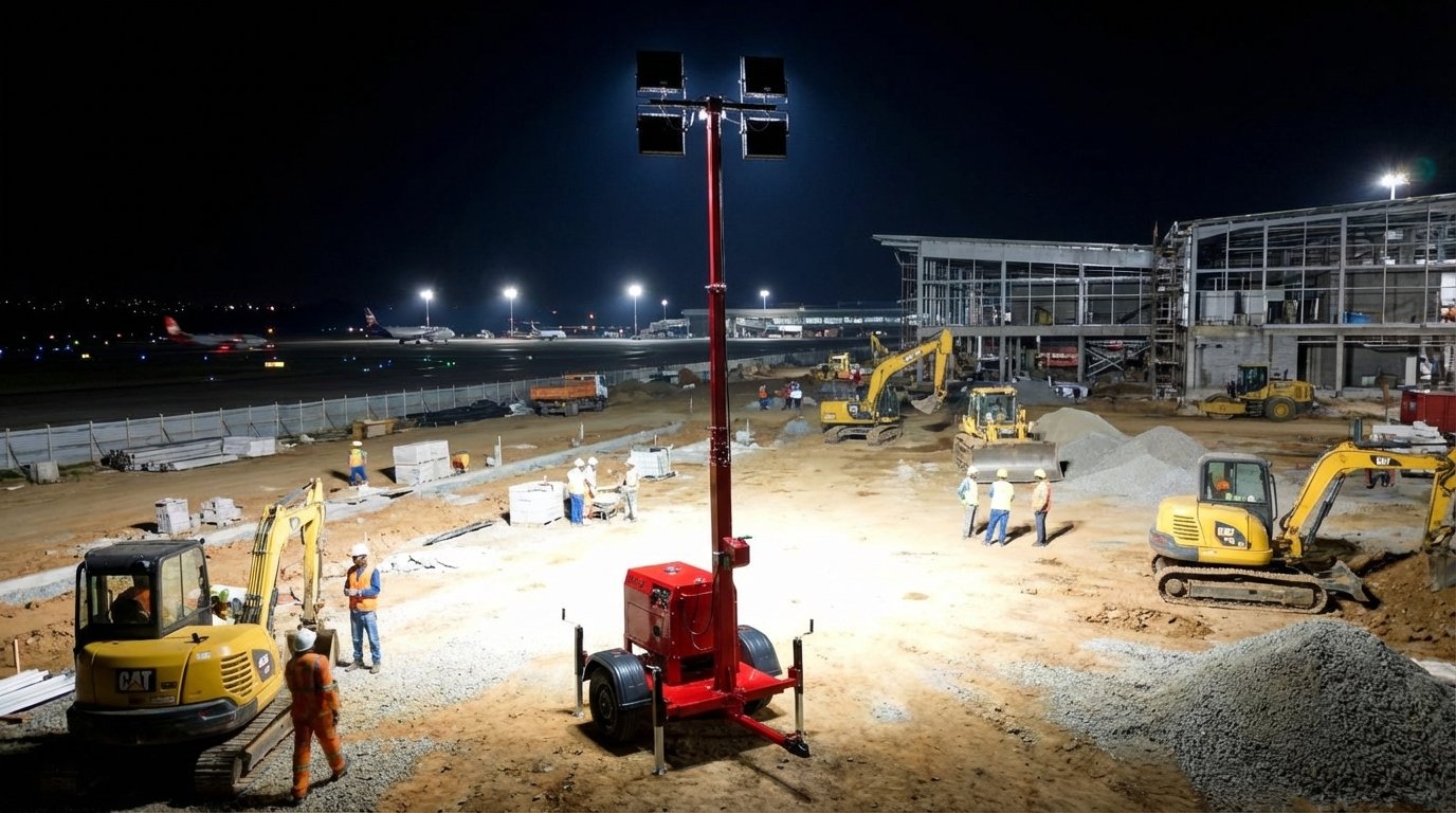 Torre de iluminação Revlo em canteiro de obras à noite