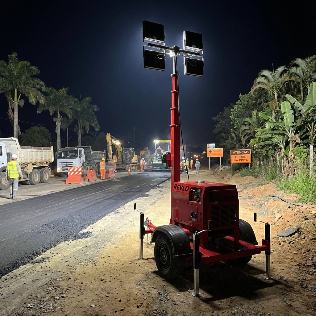 Torre de iluminação em obra de pavimentação